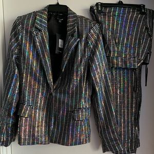 Silver metallic disco pants suit
